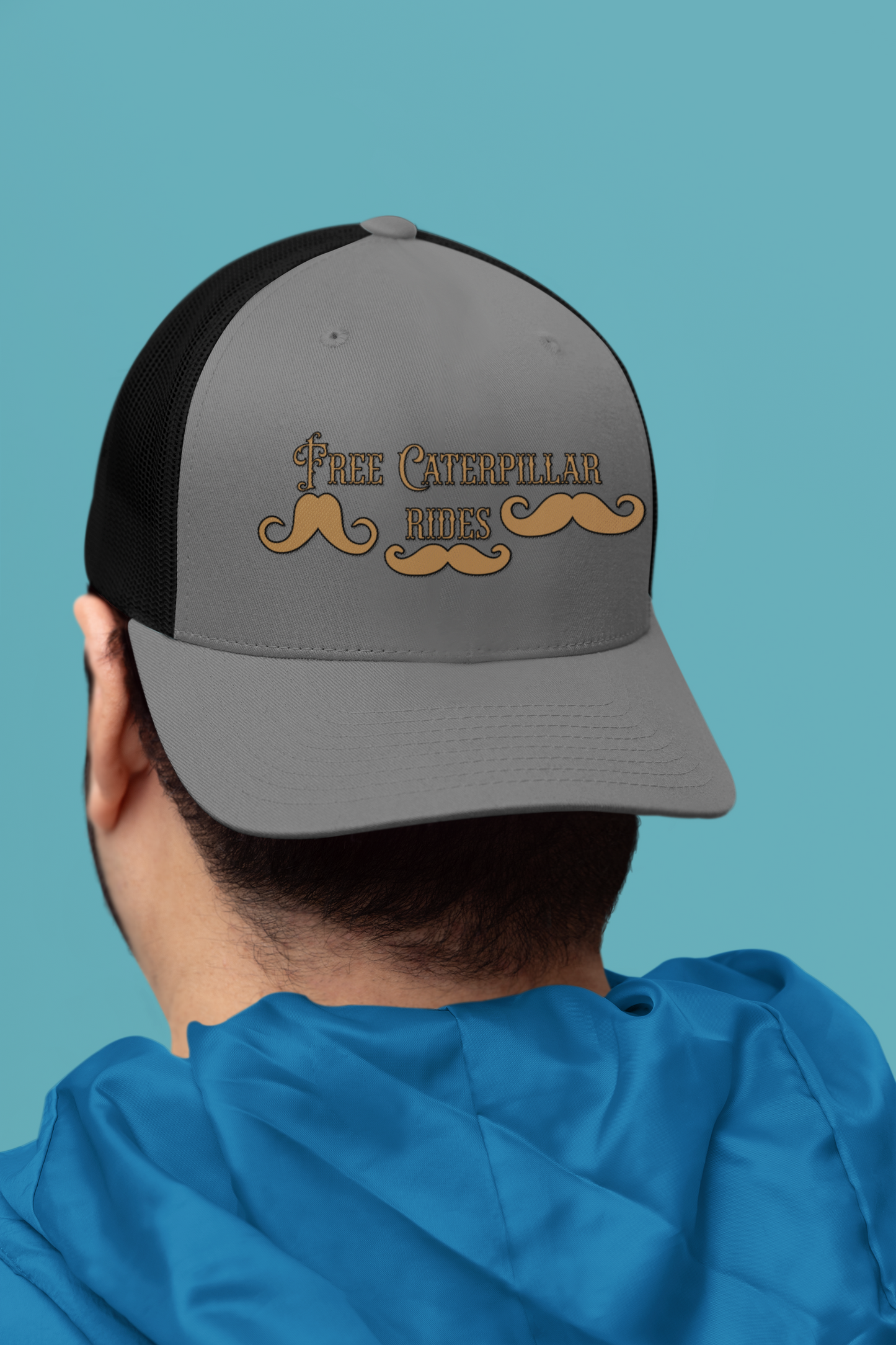 Free caterpillar rides embroidered trucker hat