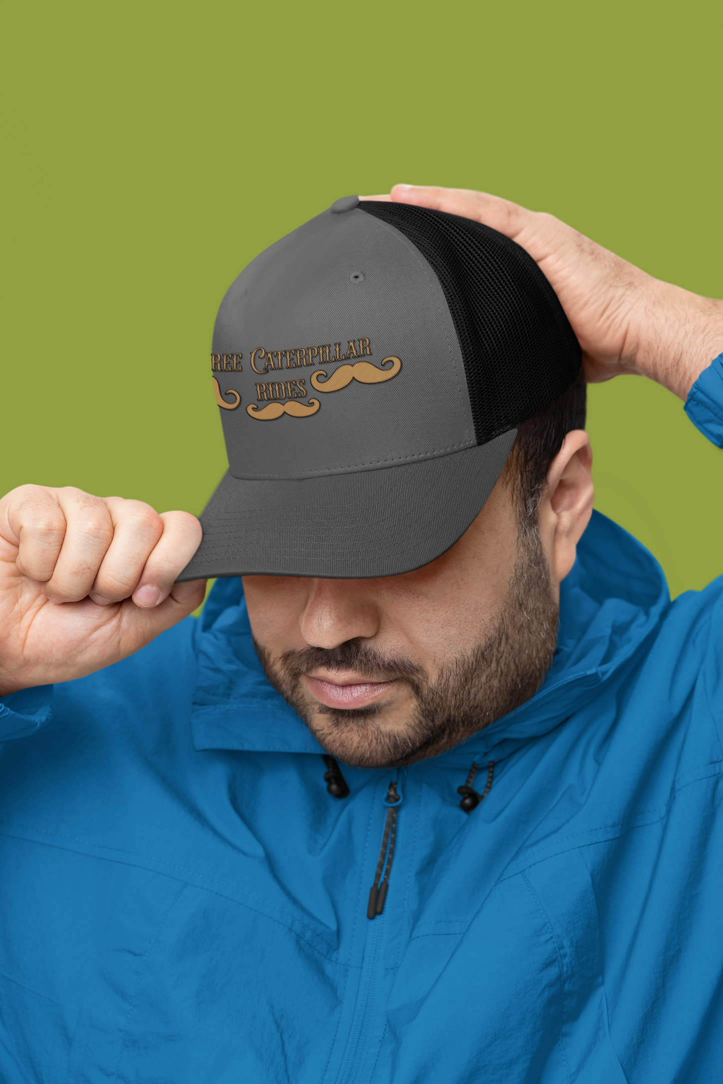 Free caterpillar rides embroidered trucker hat